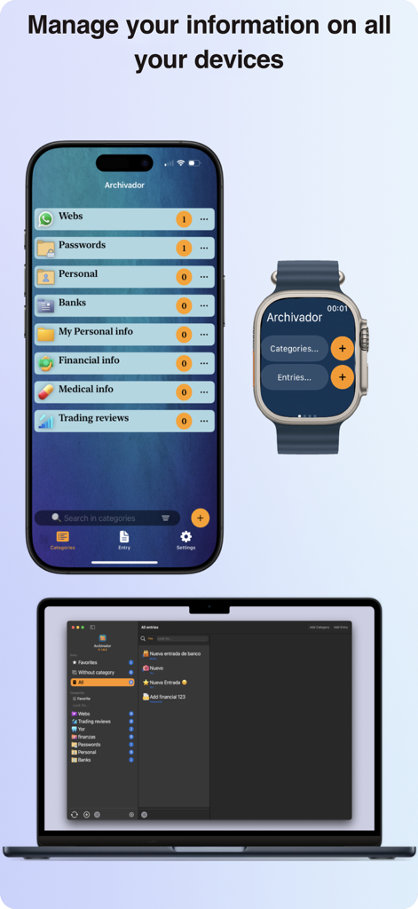 Archivador - Aplicación Archivador mostrada en iPhone, Apple Watch y Mac, mostrando la gestión de información entre dispositivos