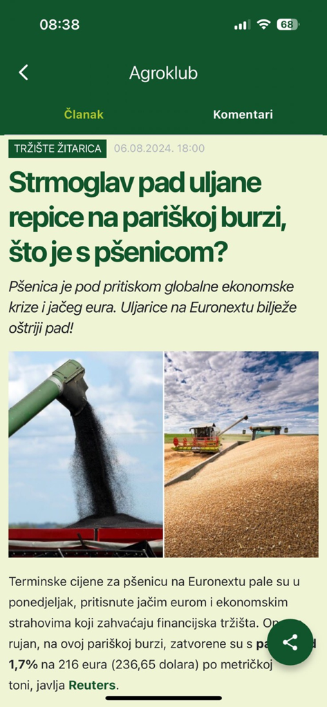 Agroklub app interface displaying an article about rapeseed and wheat price fluctuations with grain harvest imagery.