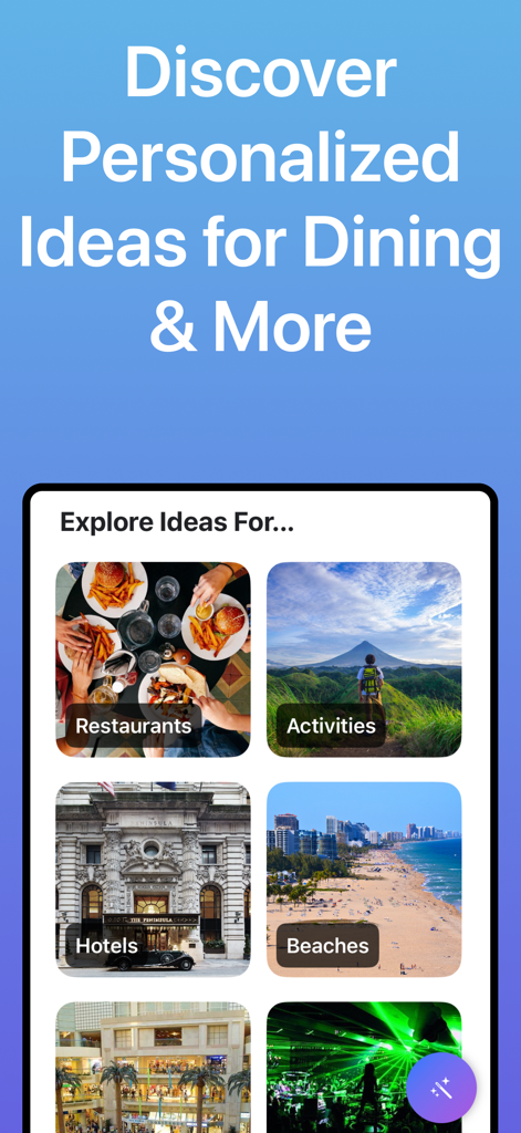 Itinerary Maker for Vacations - Una interfaz de aplicación móvil que muestra recomendaciones de viajes personalizadas de restaurantes, actividades, hoteles y playas.