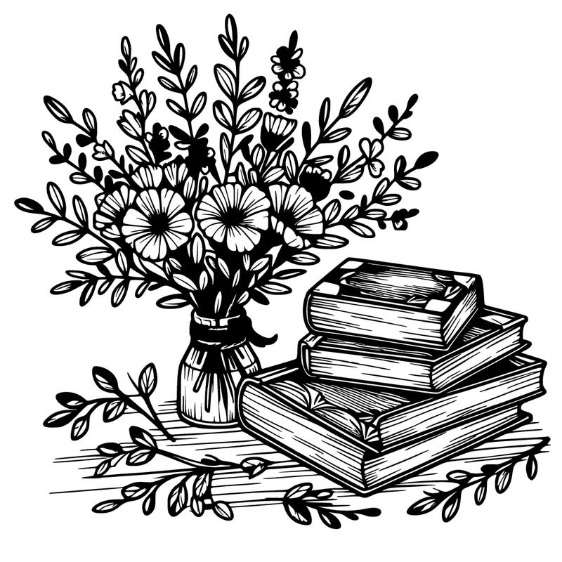 rustic books and flowers realistic