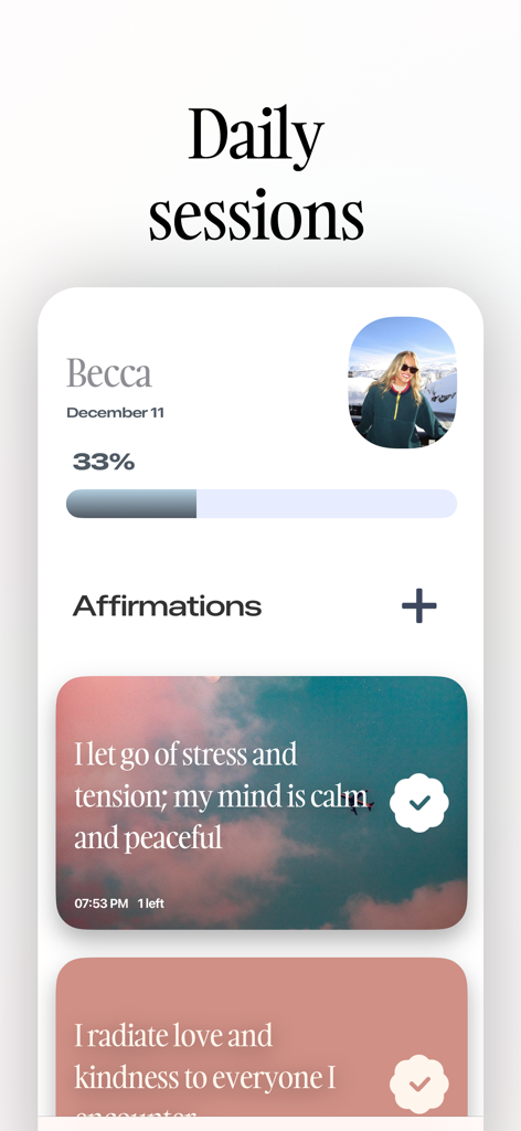 Dot - Daily Affirmation Widget - Pantalla de sesiones diarias en la aplicación Dot con un rastreador de progreso y tarjetas de afirmaciones positivas estéticas.