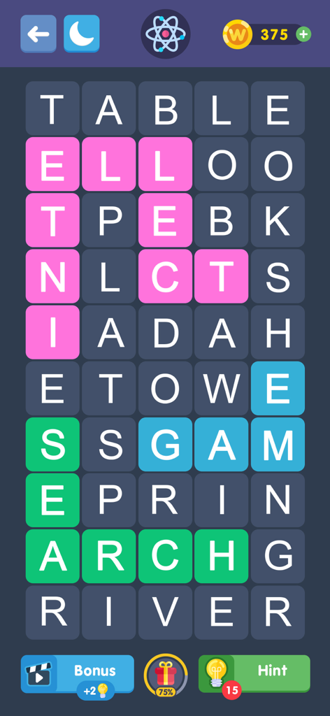 Screenshot del gameplay di Fillwords che mostra una griglia minimalista di ricerca di parole con parole evidenziate e interfaccia utente di allenamento cerebrale.