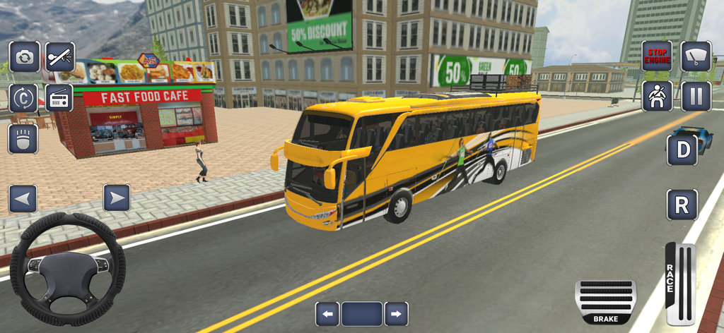 Bus Driving Games City Coach - Autobús urbano amarillo conduciendo por un entorno urbano 3D con controles de juego móviles