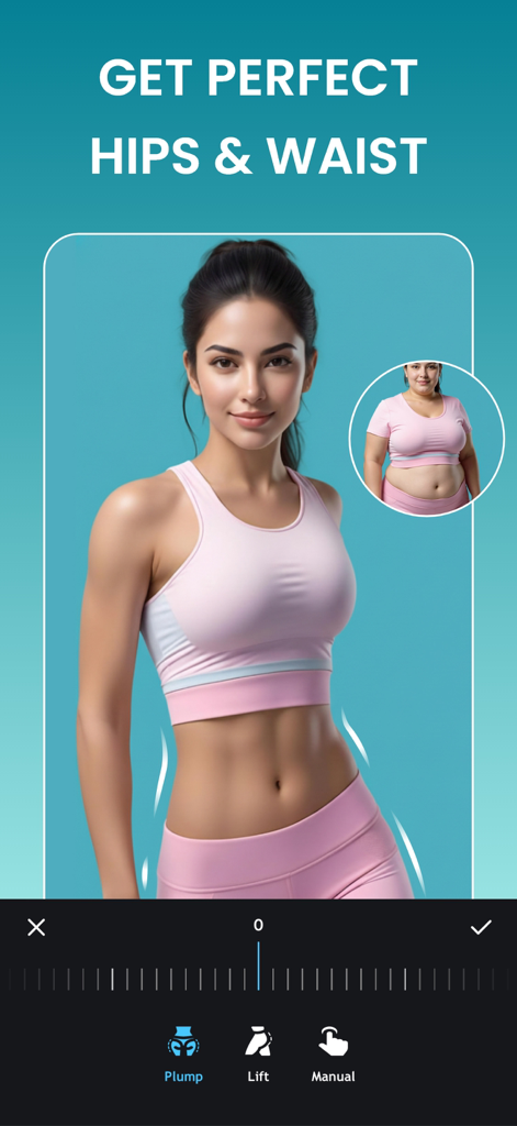 Body Tune app interface demonstrating the hips and waist sculpting tool with a before and after comparison