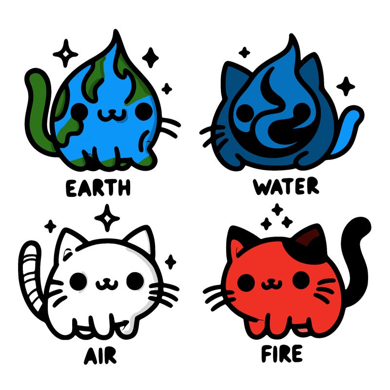 4 cats that represent the different elements, earth, water, air, and fire