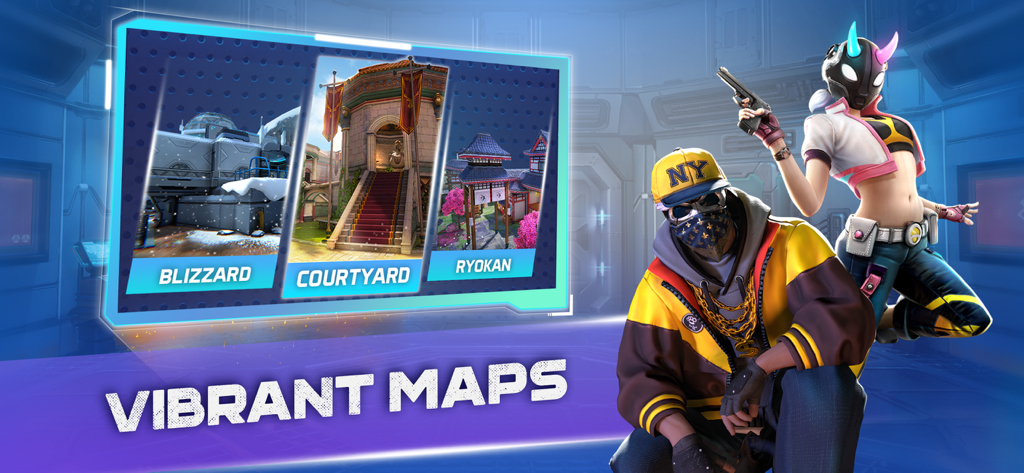 Screenshot of MaskGun game showing Blizzard Courtyard and Ryokan maps with two customized characters