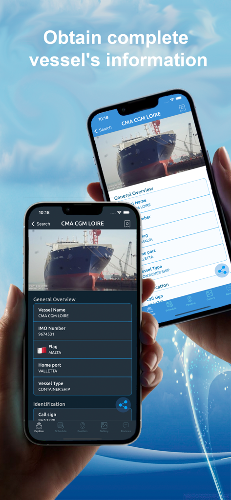 Application mobile Ship Info affichant des informations détaillées sur le navire et les spécifications techniques d'un porte-conteneurs