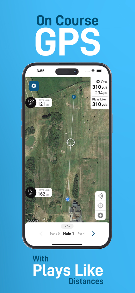 Shot Scope - Shot Scope app showing on-course golf GPS with plays like distances on an aerial course map