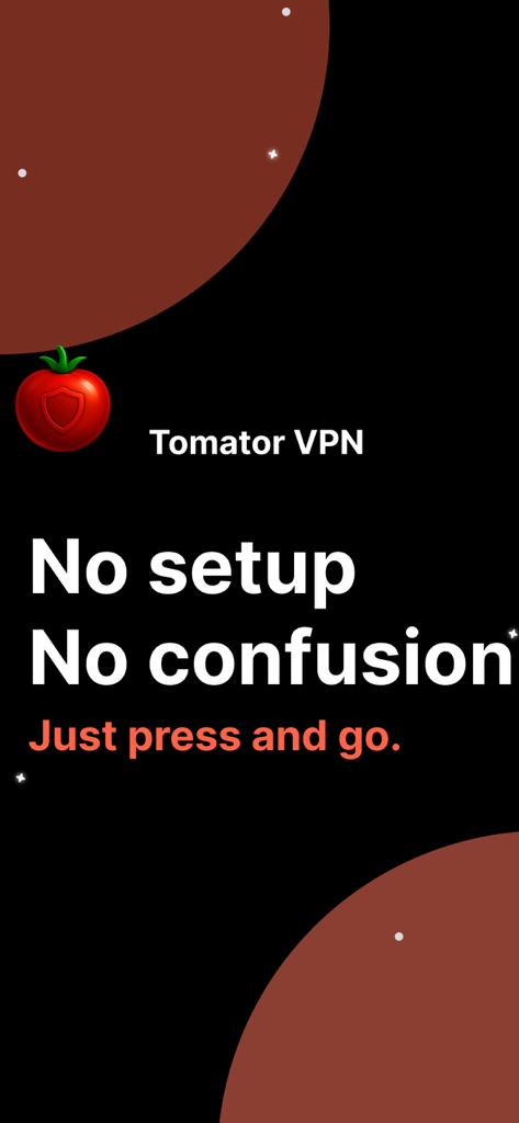 Tomator VPN app screenshot showcasing easy one-tap connection without complex setup