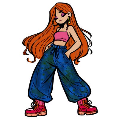 girl in baggy pants crop top and long hair