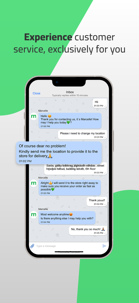 markit app - Captura de ecrã da aplicação Markit a mostrar um chat de apoio ao cliente na aplicação para suporte de entrega.