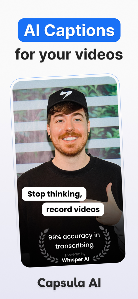 Capsula AI: Video Captions App - A screenshot of the Capsula AI app showcasing AI-powered video captions with 99 percent transcribing accuracy powered by Whisper AI.