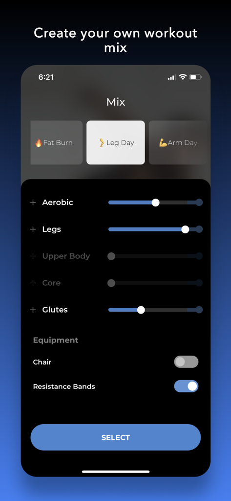 HIIT | Down Dog - Interface for creating a custom HIIT workout mix with sliders for muscle groups and equipment toggles.