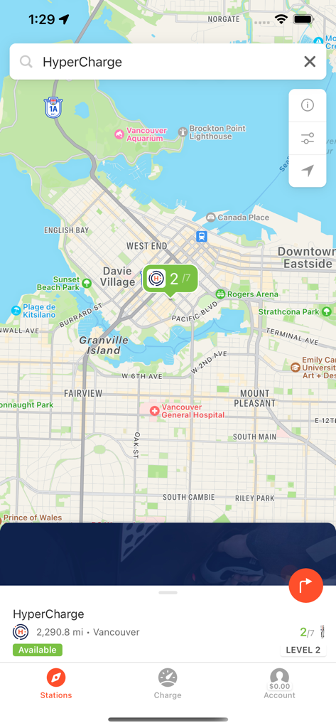 Hypercharge - Map view in the Hypercharge app showing available EV charging stations in Vancouver