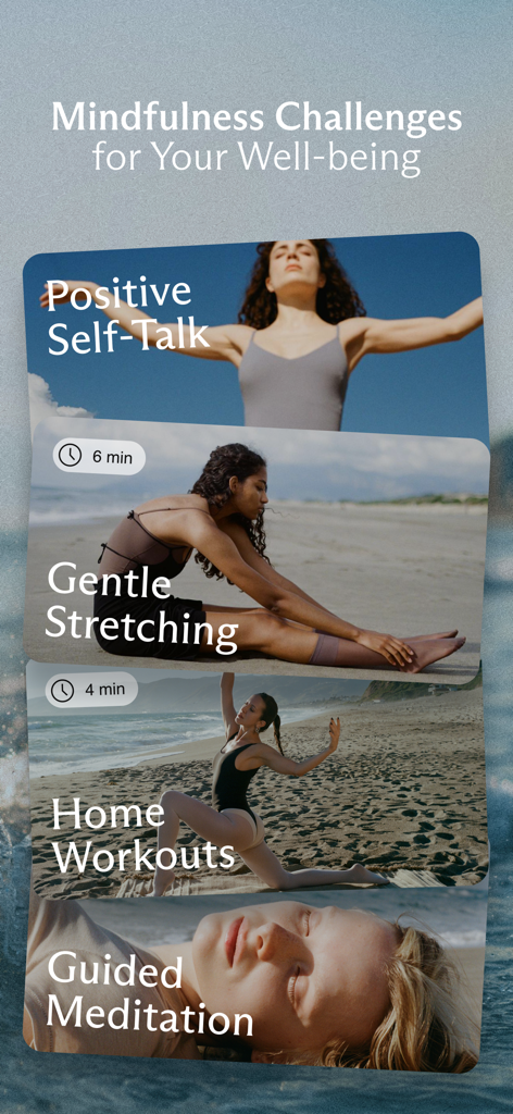 Swanly: Stretch & Mindfulness - Interfaz de la aplicación Swanly que muestra desafíos de mindfulness para estiramiento suave y meditación