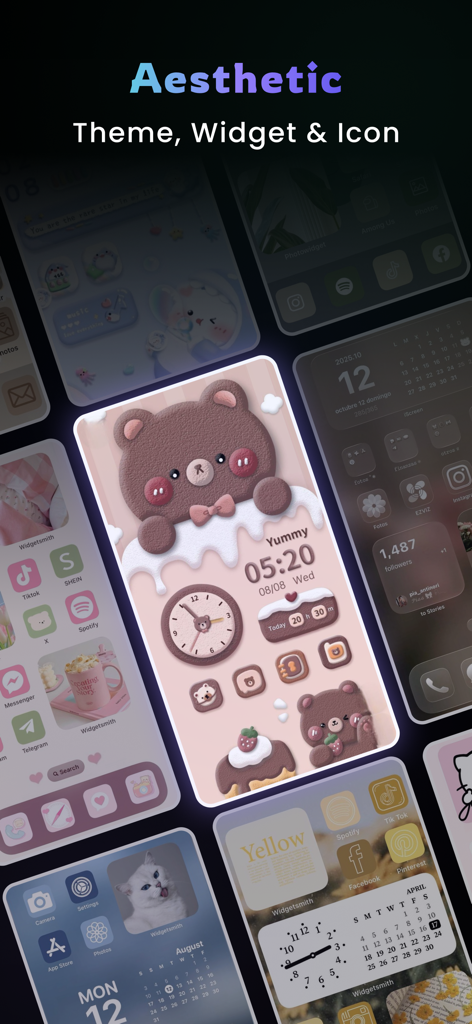 Visualización de varios temas estéticos de pantalla de inicio de iPhone con widgets, iconos y fondos de pantalla personalizados