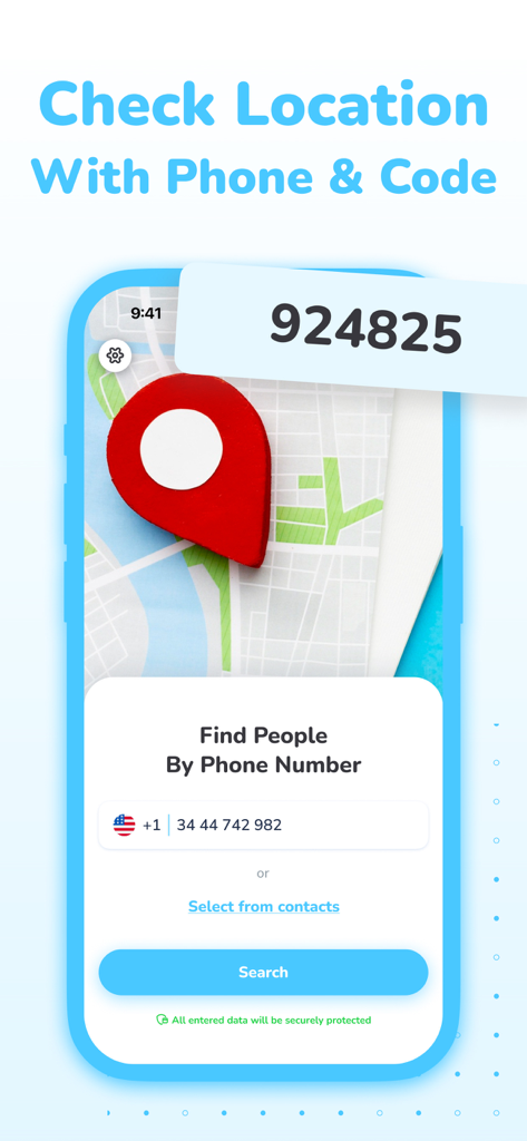 Pantalla de smartphone que muestra la interfaz de búsqueda para encontrar personas por número de teléfono con un fondo de mapa