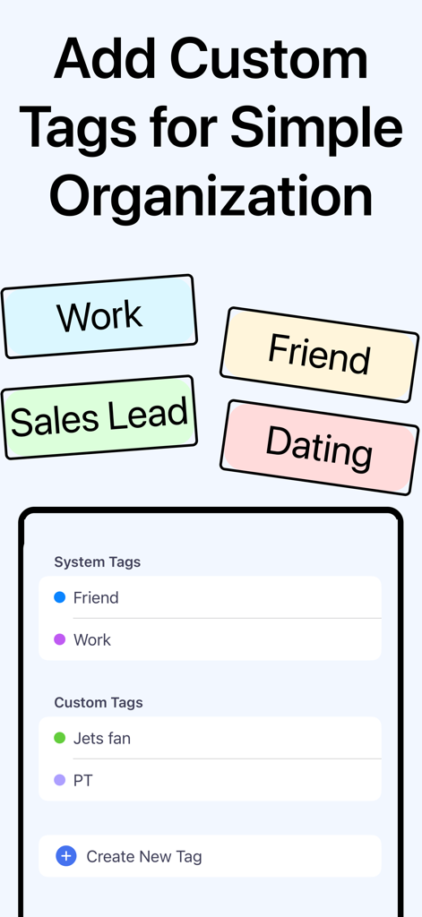 Recent Contacts: When & Where - Una pantalla de la aplicación Contactos Recientes que muestra opciones de etiquetas personalizadas para organizar contactos como Cliente Potencial de Ventas y Citas