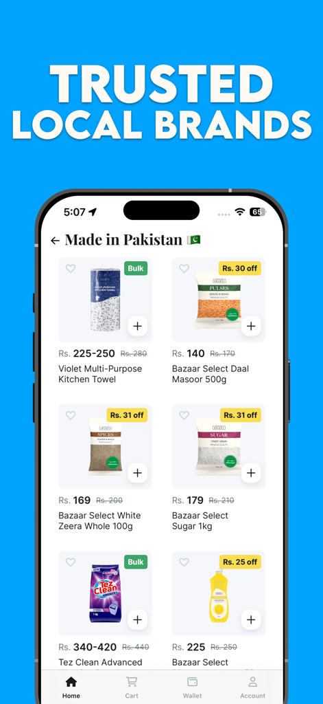 Bazaar mobile app screen showing local Pakistani grocery products like lentils and sugar