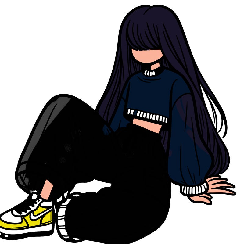 a girl with baggy pants and a crop top with long hair