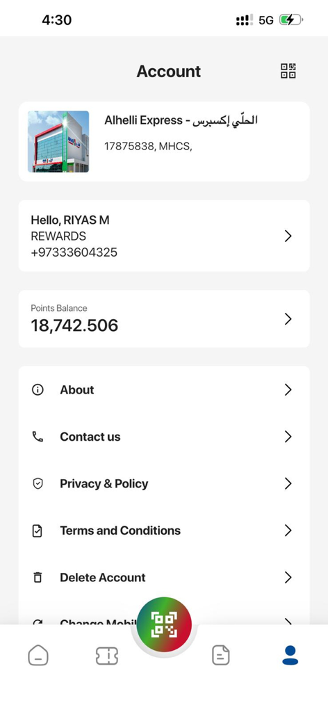 Pantalla de Cuenta de la aplicación Alhelli Rewards Pro que muestra los puntos de fidelidad del usuario y la configuración