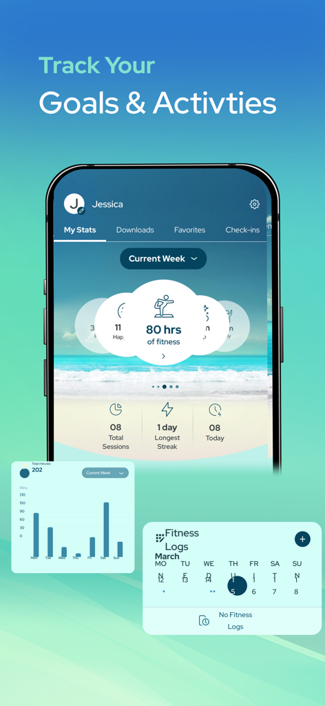 Interface of the Innergy app showing personal fitness stats activity logs and wellness goals tracking