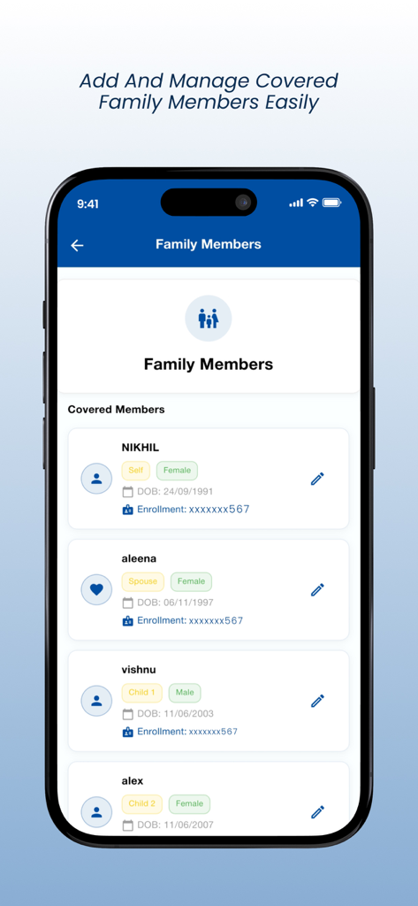 Norka Care Plus mobile app showing a list of covered family members for insurance