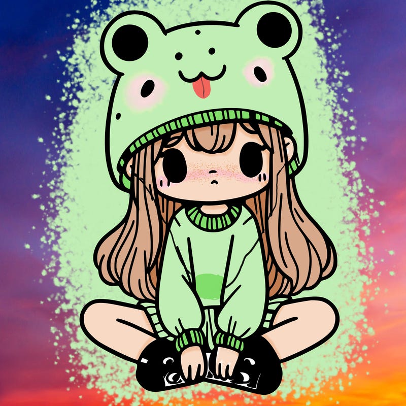 a girl wearing a frog hat and some frog socks