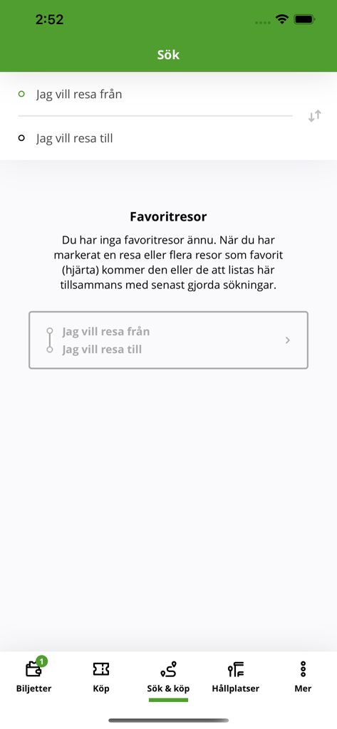 Search and buy interface of the Lanstrafiken Kronoberg travel app for planning public transport trips