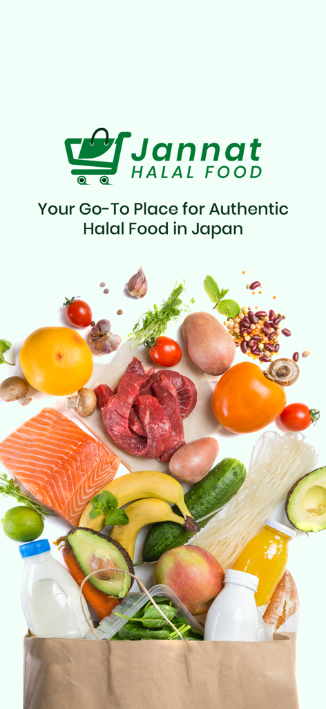 Jannat Halal Food - Jannat Halal Food app logo with a variety of fresh groceries and meat in a paper bag