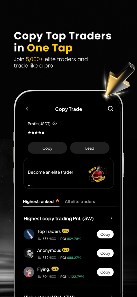 WEEX app interface showing a list of elite traders to copy with high ROI statistics