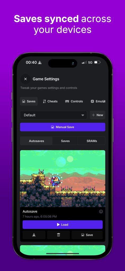 Afterplay - Game Emulator - Afterplay emulator game settings screen displaying cross-device cloud save and autosave features
