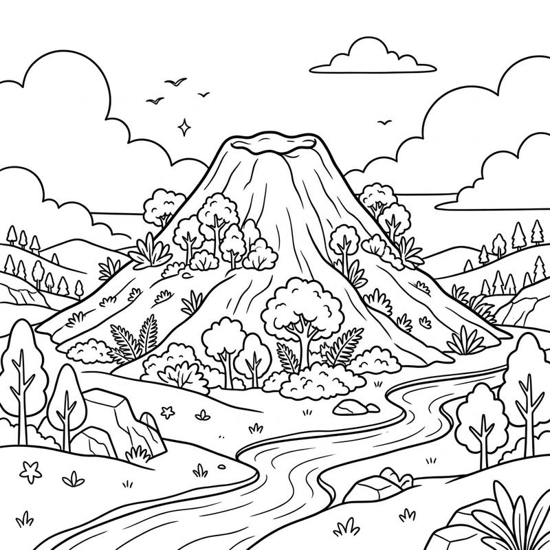 Journey into a prehistoric world with this exciting coloring page featuring a majestic extinct volcano! Designed especially for kids, this scene offers a blend of natural beauty and imaginative fun, perfect for little hands to color.