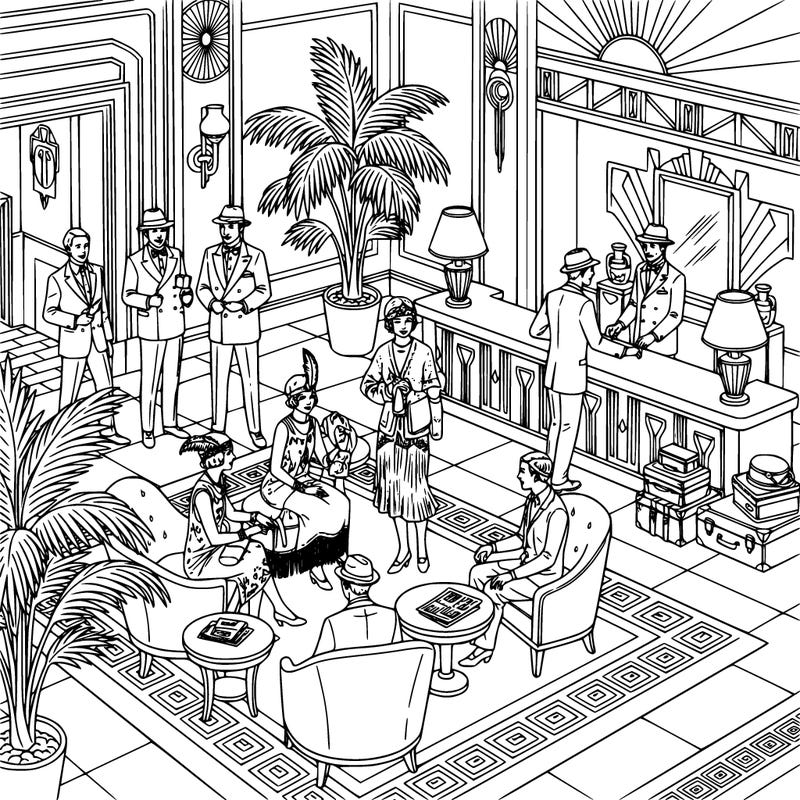 a stylish 1920s hotel lobby with several guests socializing. women wear flapper-style dresses and headbands while men wear suits and hats. some people sit in elegant chairs talking while others check in at a front desk. the lobby has tall plants, patterned rugs, decorative lamps, and vintage luggage. include art-deco details, small tables, newspapers, and ornate decorations so there are interesting period details for coloring.