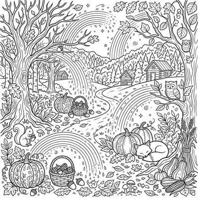 Discover the cozy charm of autumn with this beautiful coloring page, where whimsical rainbow sprays dance over a serene forest landscape. Featuring adorable woodland creatures, harvest bounties, and rustic cabins, it's a perfect fall escape.