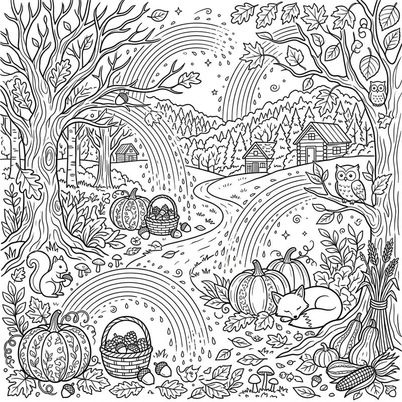 Discover the cozy charm of autumn with this beautiful coloring page, where whimsical rainbow sprays dance over a serene forest landscape. Featuring adorable woodland creatures, harvest bounties, and rustic cabins, it's a perfect fall escape.