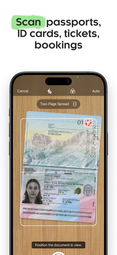 Folio: Digital Wallet App - Schermata dello smartphone che mostra l'app Folio mentre scansiona un passaporto per un'archiviazione digitale sicura.