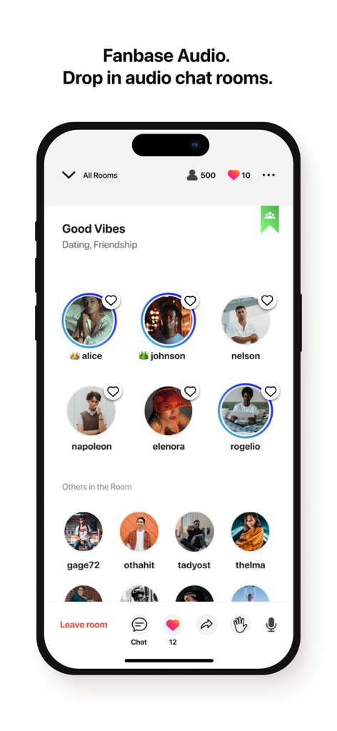 Fanbase - Fanbase mobile app interface for a live audio chat room with multiple participants.