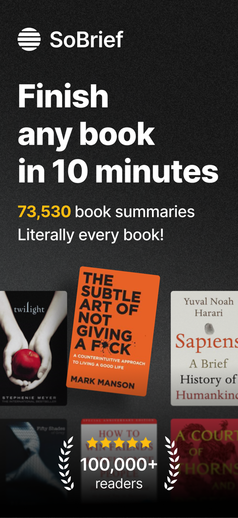 Interfaccia dell'app SoBrief che mostra riassunti di libri e lo slogan finisci qualsiasi libro in 10 minuti