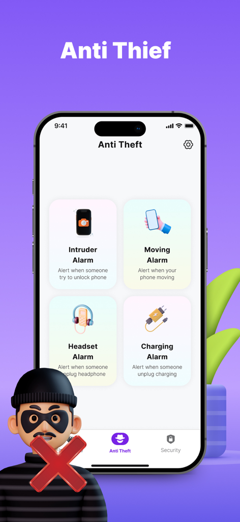 ClapRing: Find Phone By Clap - ClapRing app Anti Theft screen with intruder, moving, headset, and charging alarm options