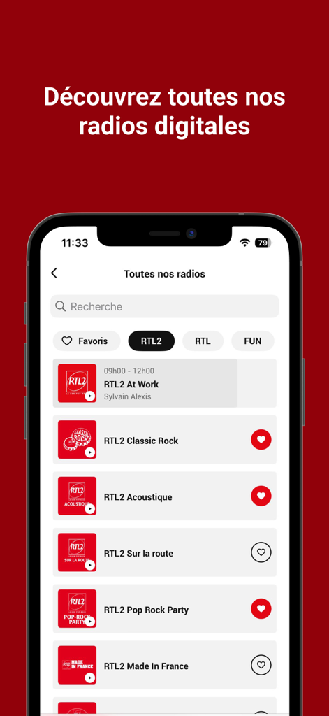 RTL2 - Le Son Pop-Rock - RTL2 app screen displaying a list of various digital radio stations like Classic Rock and Acoustique