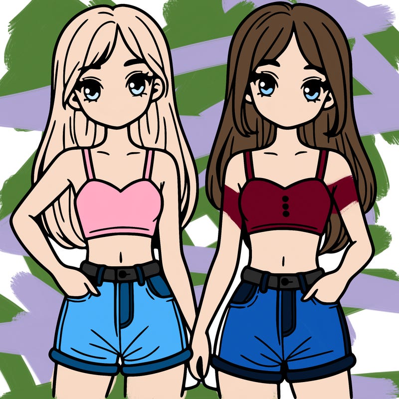 two sisters with crop tops and jean shorts and straight hair