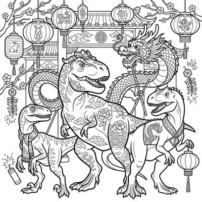 Step into a unique Lunar New Year celebration featuring powerful theropod dinosaurs dressed in festive attire. This detailed coloring page blends ancient creatures with rich cultural traditions, offering a one-of-a-kind artistic adventure.