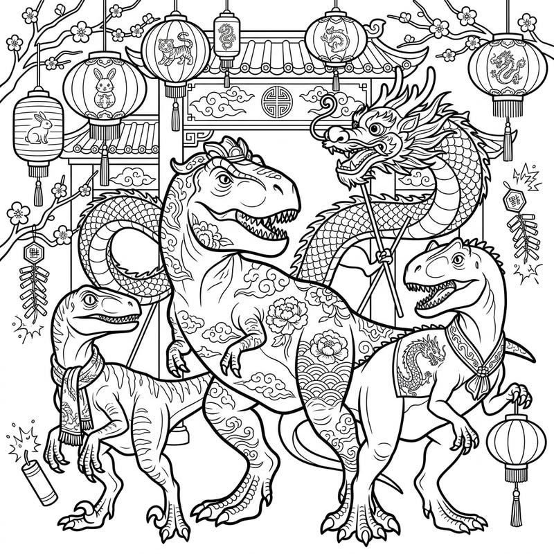 Step into a unique Lunar New Year celebration featuring powerful theropod dinosaurs dressed in festive attire. This detailed coloring page blends ancient creatures with rich cultural traditions, offering a one-of-a-kind artistic adventure.