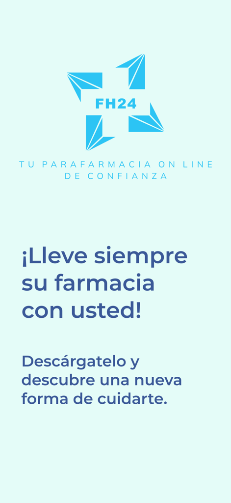 Farmahorro24 - Schermata di avvio dell'app mobile Farmahorro24 con il logo FH24 e testo in spagnolo che promuove i servizi di farmacia online.