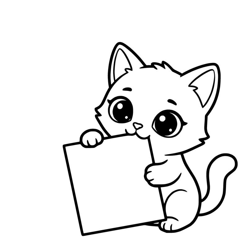 a small cat with a blank sheet of paper in its hand. the cat is sooooooo cute!