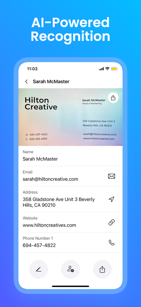 Business Card Scanner - BCR - Visitenkarten-Scanner-App zeigt KI-gestützte Kontakterkennung von einer Karte