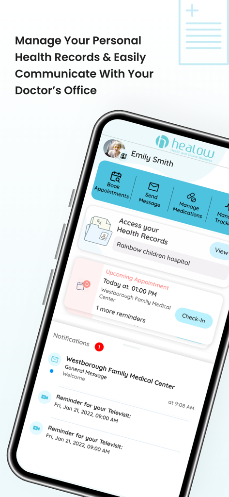 The healow app dashboard showing personal health records and appointment reminders