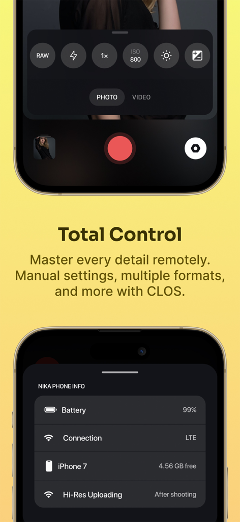 CLOS - Virtual Photoshoot - CLOS app interface showing manual camera settings and remote device status information