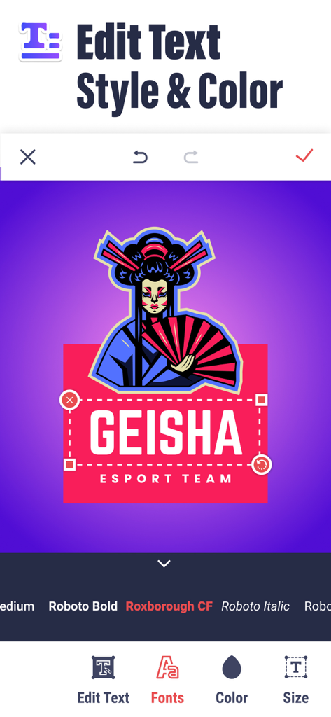Logo Creator - Logo Maker App - Mobile app interface showing text style and color editing for a geisha esport team logo